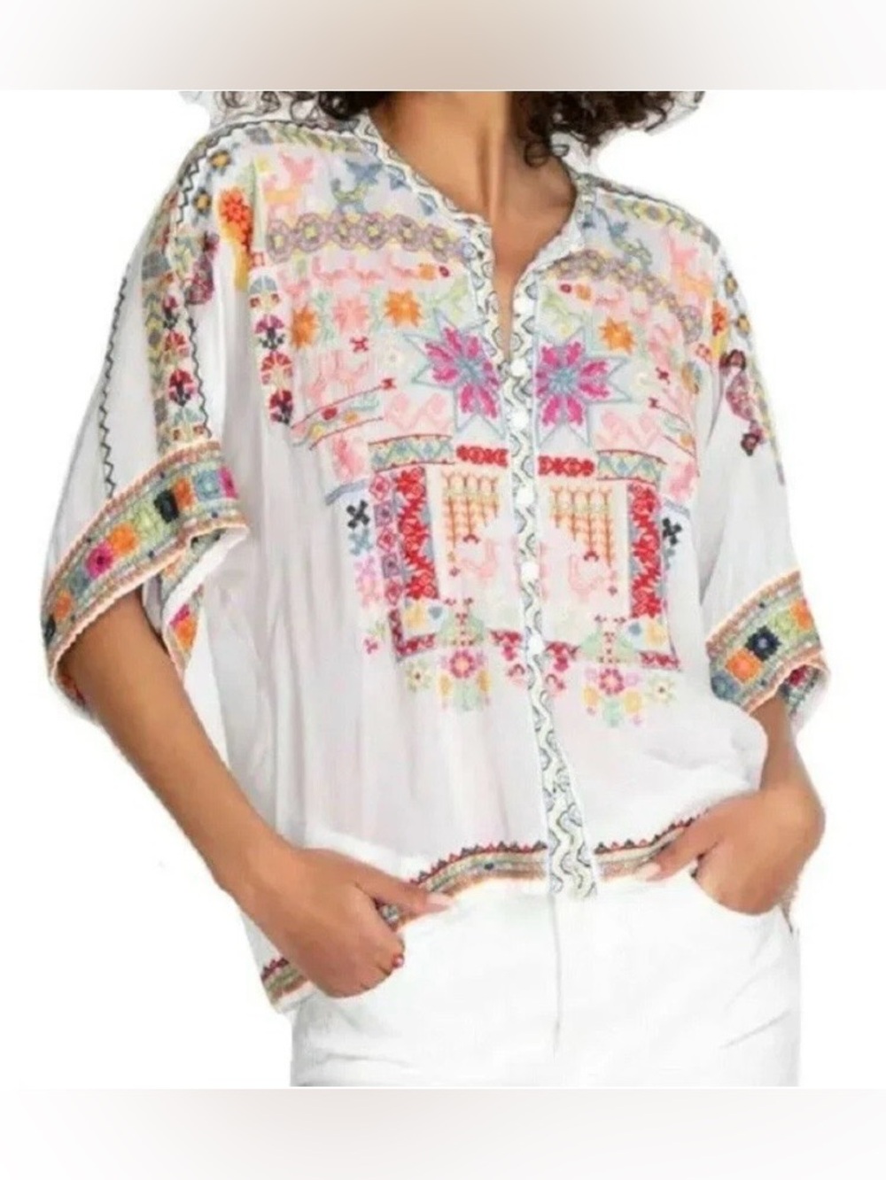 Johnny Was Xylia Embroidered Button Front Blouse
